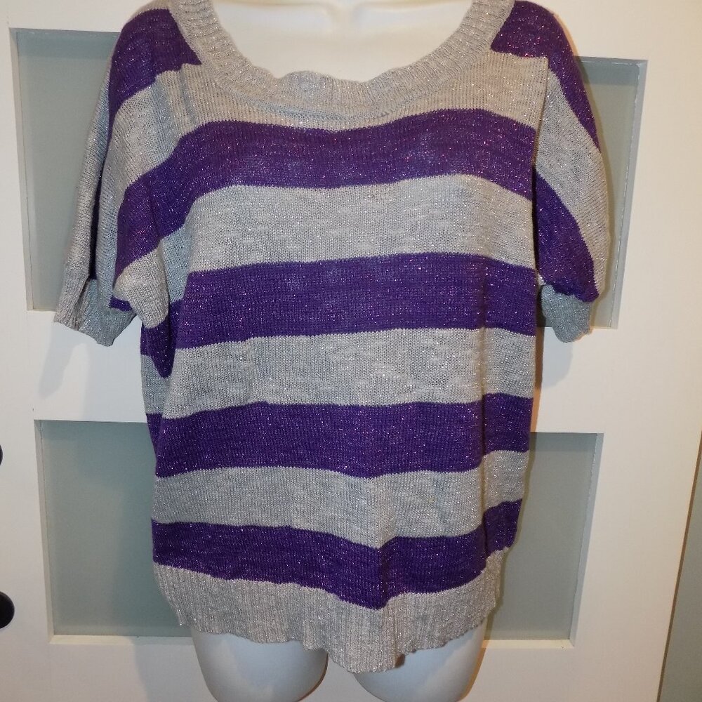 Lei Purple Siren Striped Short Sleeve Sweater Size 2X Women's NEW